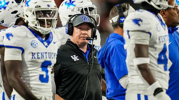 Oct 7, 2023; Athens, Georgia, USA; Kentucky Wildcats head coach Mark Stoops on the field against the Georgia Bulldogs at Sanford Stadium. Mandatory Credit: Dale Zanine-USA TODAY Sports